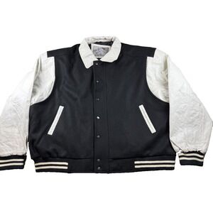 Vtg JR Stone Varsity Jacket 3XL Black Wool White Leather Sleeve Quilted Lining